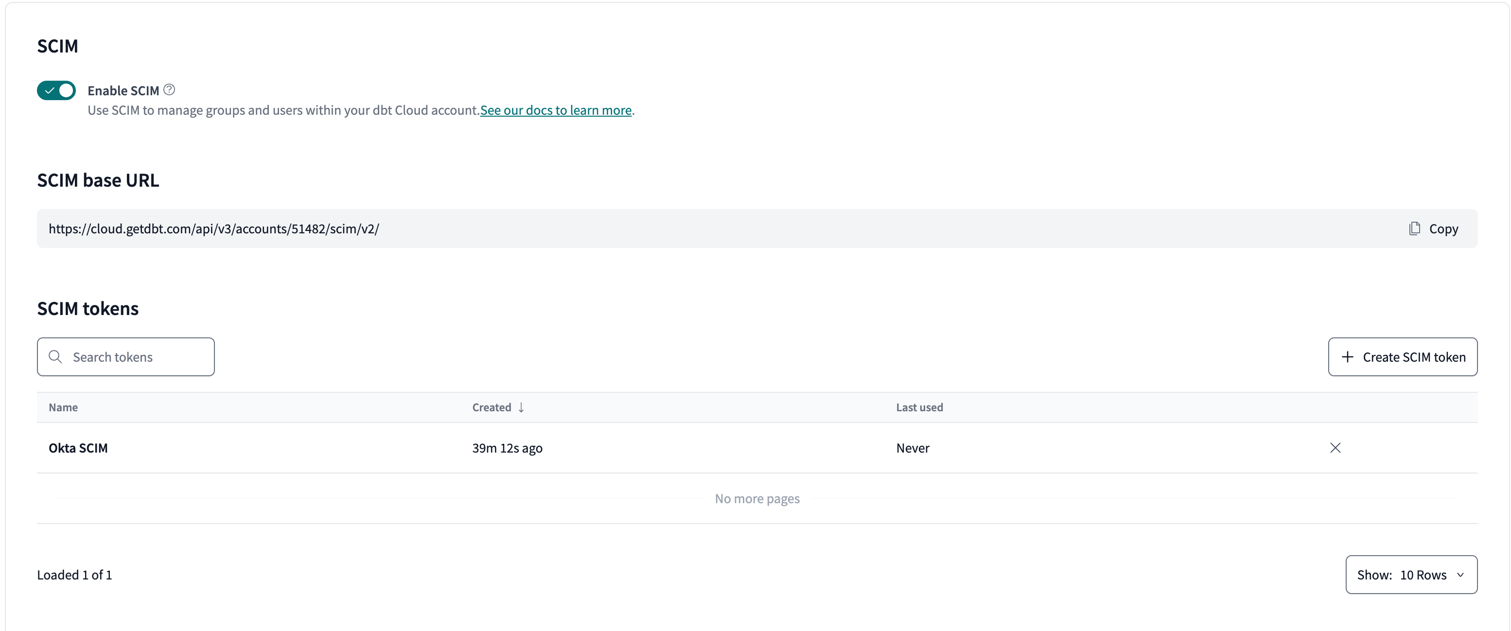 SCIM enabled in the configuration settings.